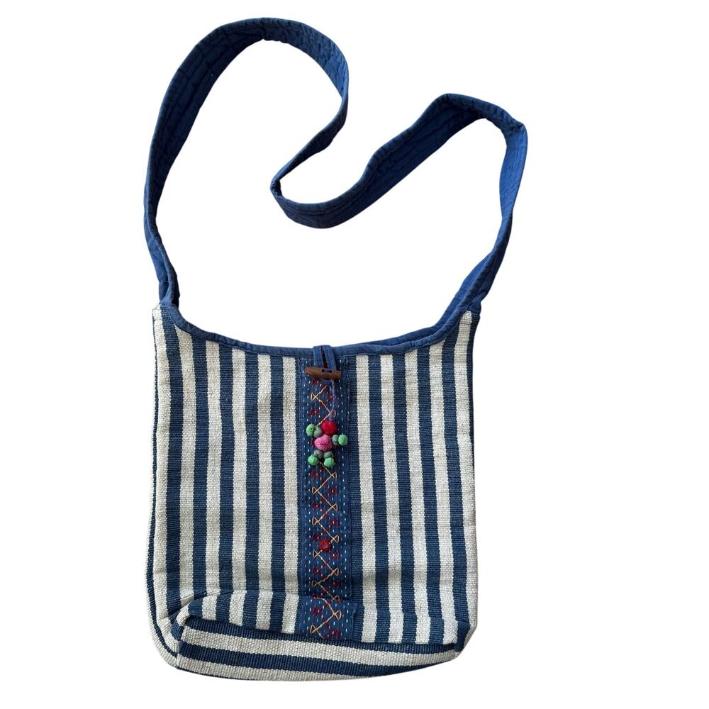 Nomads Blue & Cream Striped Cloth Canvas Embroidered Crossbody Bag Indie Boho